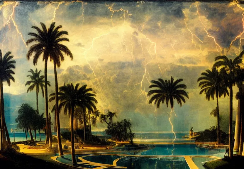 Image similar to Palace floating in the sky, refracted sparkles, thunderstorm, greek pool, beach and palm trees on the background major arcana sky, by paul delaroche, hyperrealistic 4k uhd, award-winning, very very very detailed