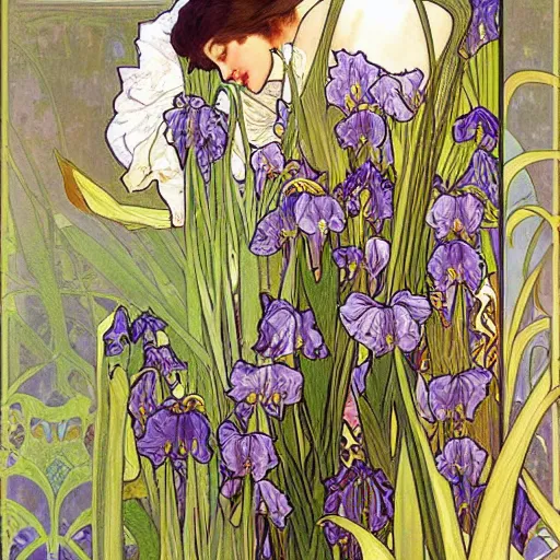 Prompt: a seamless pattern of irises and calla lilies, art by alphonse mucha, art by sherree valentine daines