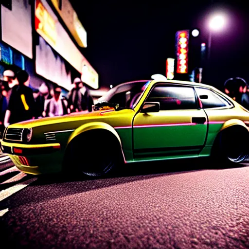 Image similar to a car S30 turbo drift at illegal car meet, shibuya prefecture, midnight mist streetlights, color grade, photorealistic, highly detailed wheels, highly detailed