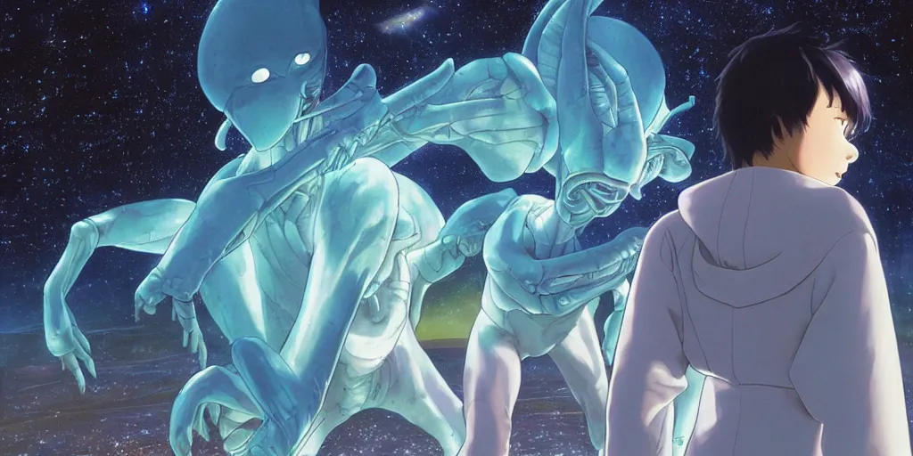 Prompt: hologram of a alien creature, art by makoto shinkai and alan bean, yukito kishiro