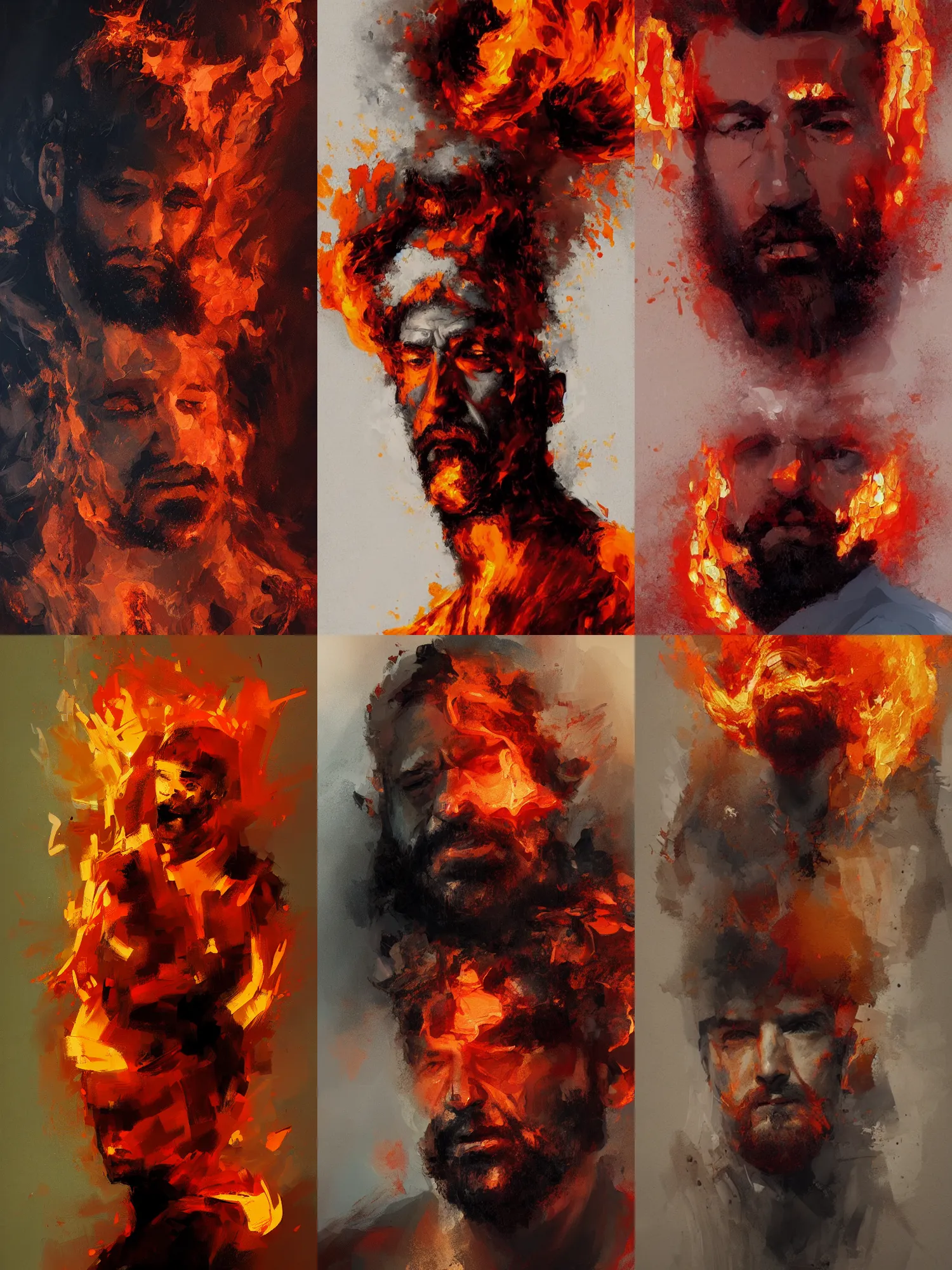 Prompt: abstract painting of man engulfed in flames, handsome. Bearded. by craig mullins, featured on artstation. Portrait. Soviet era pose