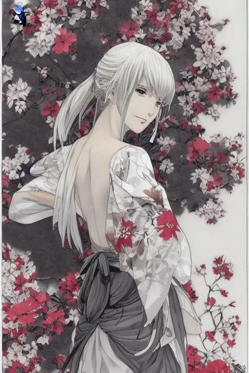 Prompt: (beautiful) girl, silver hair, white kimono with complex red flower patterns, full body, looking to camera, showing her shoulder from back, ilustration by (Takehiko Inoue) ((and Krenz Cushart))