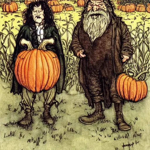 Prompt: a color illustration of hagrid and harry in a pumpkin patch by arthur rackham