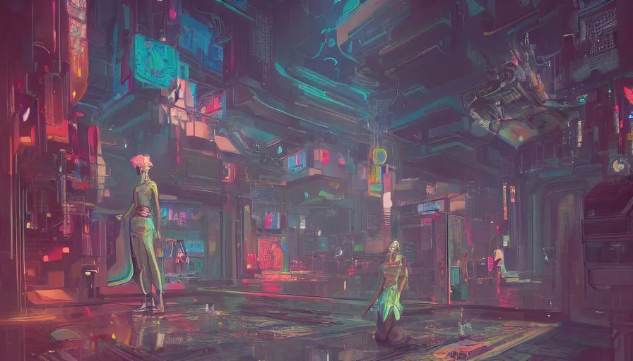 Prompt: a digital painting of a woman exploring a temple, cyberpunk art by james jean, cgsociety, retrofuturism, anime aesthetic, chromatic, iridescent