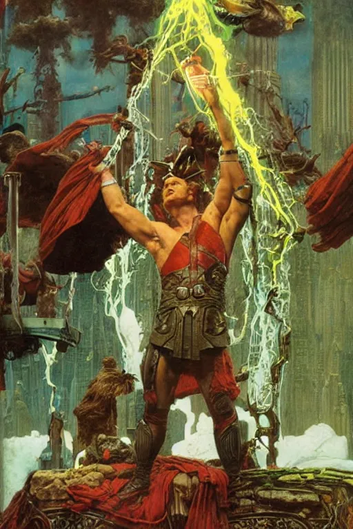 Prompt: thor drinking mountain dew during ragnarok, by lawrence alma tadema and zdzislaw beksinski and norman rockwell and jack kirby and tom lovell and greg staples