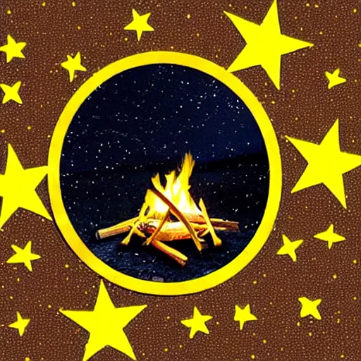 Image similar to a comfy crackling outdoor campfire in front of a very dark background of yellow illustrated stars, astrophotography, warm muted colors, cut paper photo collage with photograph and illustration