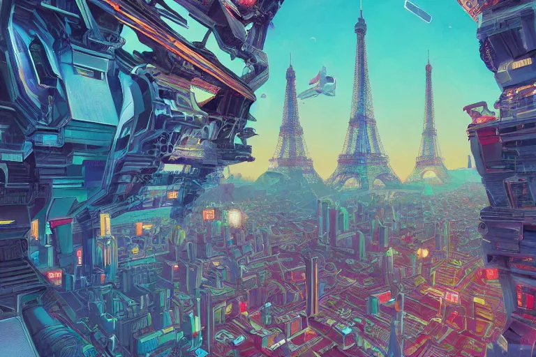 Prompt: futuristic city of paris, illustration painting, intricate, detailed illustration, hd, digital art, overdetailed art, concept art, complementing colors, detailed, illustration painting by leonardo da vinci, digital art, overdetailed art, concept art, complementing colors rendered by beeple, syd meade,