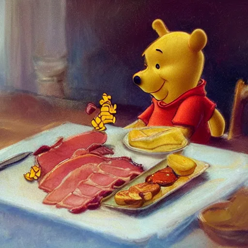 Image similar to close up of winnie the pooh with a plate of sausage and bacon and ham hock, cinematographic shot, by daniel f. gerhartz