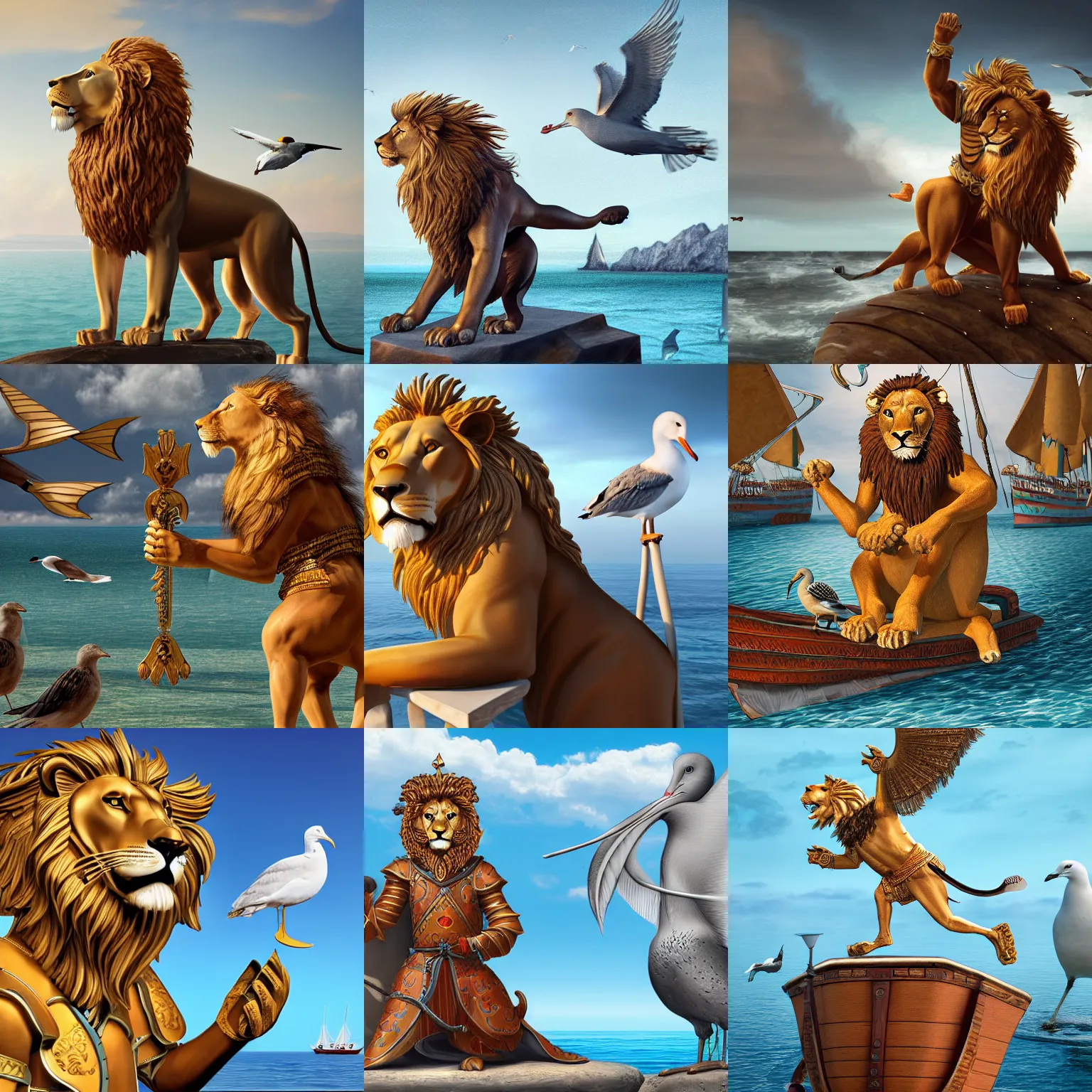 Prompt: an anthropomorphic lion wearing a palading armor sitting on the bow of a caravel waving his hands to a seagull in the background, photorealistic, digital art