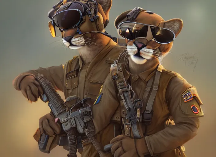 Prompt: character portrait feature of the anthro female anthropomorphic puma bobcat mountain lion fursona wearing aviator sunglasses soldier outfit uniform us special forces character design stylized by charlie bowater, ross tran, artgerm, and makoto shinkai, detailed, soft lighting, rendered in octane