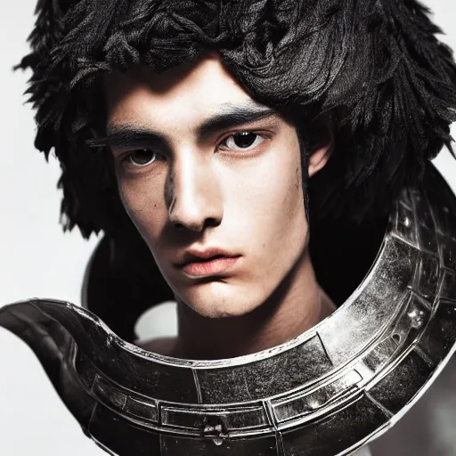 Prompt: a portrait of a beautiful young male wearing an alexander mcqueen armor made of black hair , photographed by andrew thomas huang, artistic