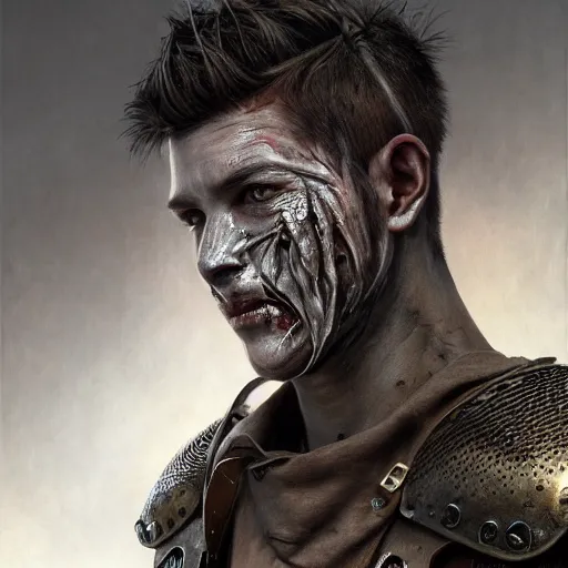 Image similar to portrait painting of a bitter young man with severe burn scars on his face and poorly cut very short hair wearing tattered leather armor, ultra realistic, concept art, intricate details, eerie, highly detailed, photorealistic, octane render, 8 k, unreal engine. art by artgerm and greg rutkowski and charlie bowater and magali villeneuve and alphonse mucha