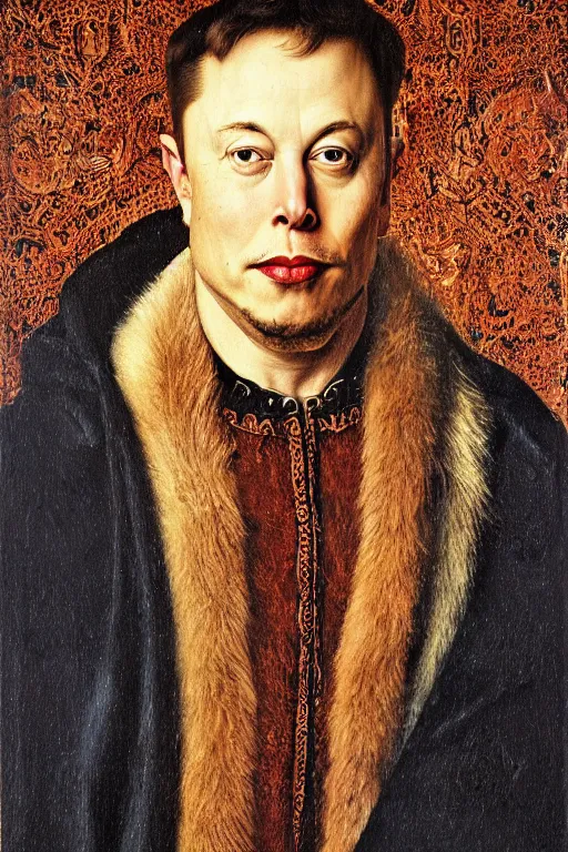 Image similar to portrait of elon musk, oil painting by jan van eyck, northern renaissance art, oil on canvas, wet - on - wet technique, realistic, expressive emotions, intricate textures, illusionistic detail