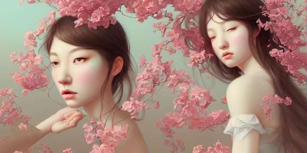 Image similar to breathtaking delicate detailed concept art illustration with flowers and girls, by hsiao - ron cheng, bizarre compositions, exquisite detail, pastel colors, ornate background, 8 k