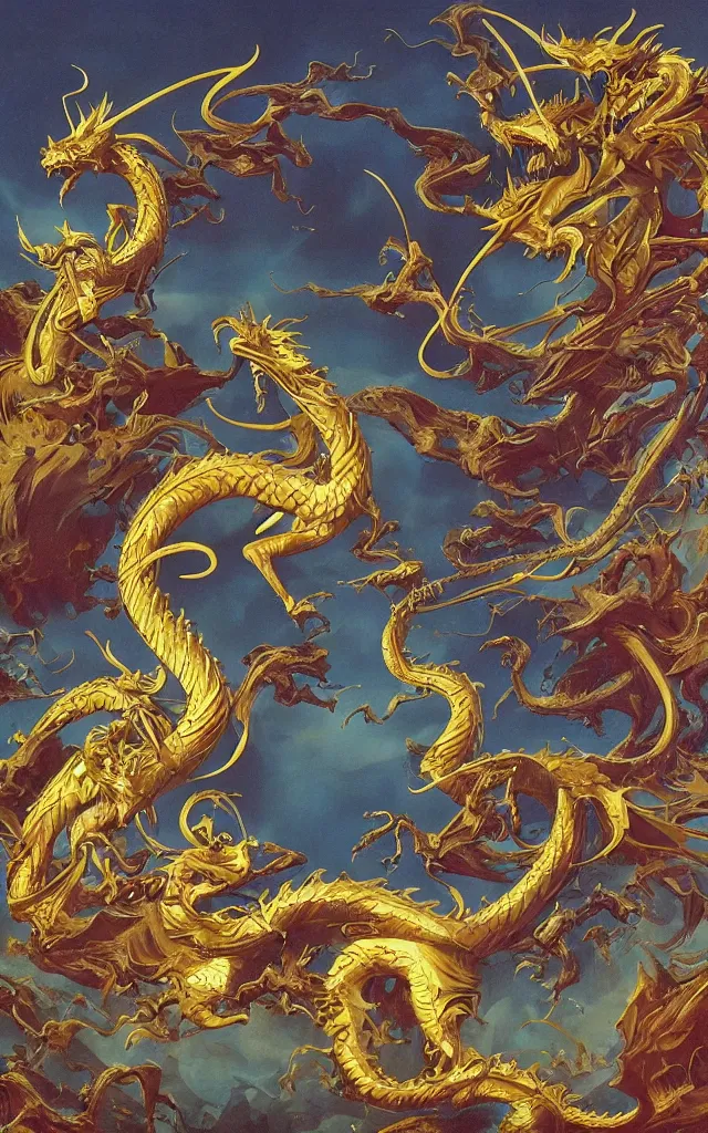 Image similar to golden dragon, epic, legendary, cinematic composition, stunning atmosphere by james jean by roger dean by lee madgewick