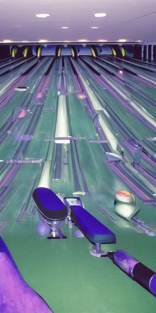 Prompt: a ufo themed bowling alley, green blue and purple color scheme, 1990s