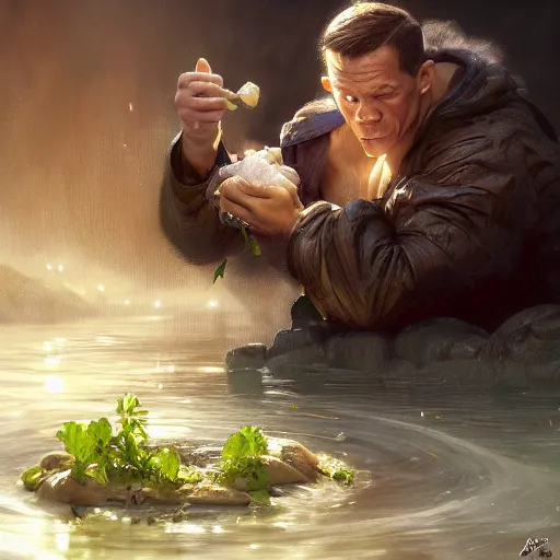 Prompt: John Cena eat a potato under the water , D&D, fantasy, intricate, cinematic lighting, highly detailed, digital painting, artstation, concept art, smooth, sharp focus, illustration, art by Artgerm and Greg Rutkowski and Alphonse Mucha