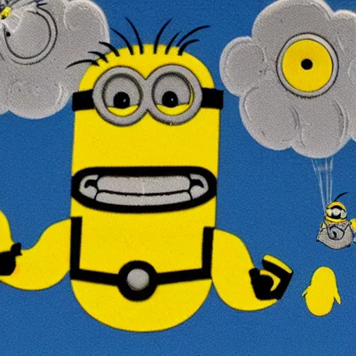 Image similar to minion paratroopers with a nuclear explosion in the background, planes are bombing baghdad