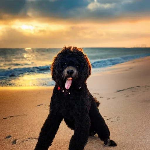 Prompt: half portuguese water dog, half poodle, on a beach, portrait, golden hour, dramatic backlighting, high contrast, highly detailed, sharp focus, oil painting