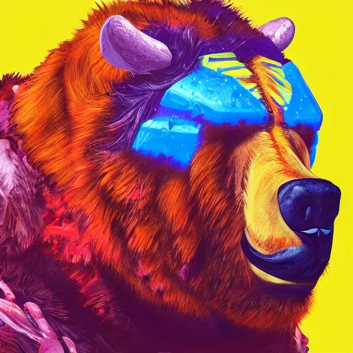 Image similar to a head and shoulder portrait of bear beast-man painted in the colorful and expressive style of Kotwdq, trending on Artstation 8k photorealistic