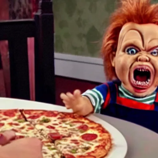 Prompt: security camera footage of chucky doll screaming at customers eating pizza