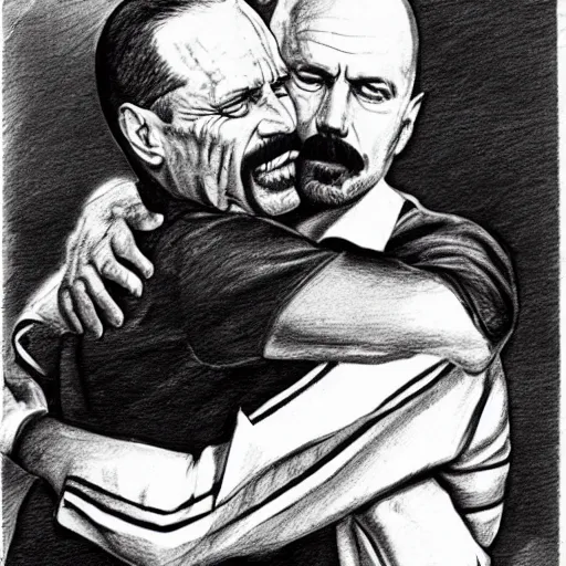 Prompt: freddie mercury hugging walter white, sketch, insanely detailed