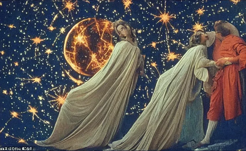 Image similar to scene from cosmologica ( 1 9 6 9 ), a movie by luchino visconti showing a man leaving the medieval cosmos to enter the new modern universe in the style of renaissance cosmological painting. cinematic, technicolor, direct lighting, highly detailed, highly intricate.