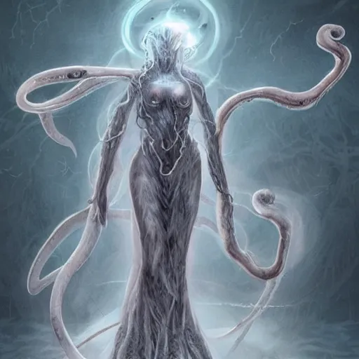 Image similar to concept designs for an ethereal wraith like figure with a squid like parasite latched onto its head and long tentacle arms that flow lazily but gracefully at its sides like a cloak while it floats around a forgotten kingdom in the snow searching for lost souls and that hides amongst the shadows in the trees, this character has hydrokinesis and electrokinesis for the resident evil village video game franchise with inspiration from the franchise Bloodborne and the mind flayer from stranger things on netflix