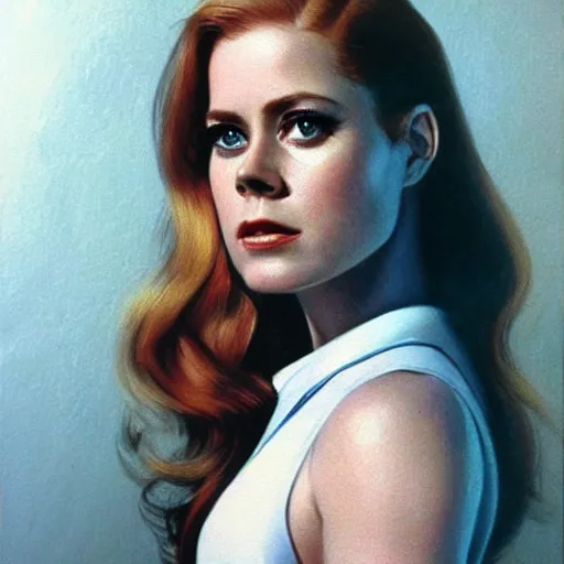 Prompt: ultra realistic portrait painting of amy adams in a 1 9 7 0 s sci - fi ad, art by frank frazetta, 4 k, ultra realistic, highly detailed, epic lighting