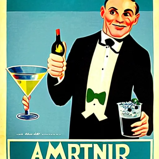 Prompt: a man holding a martini with an otter swimming in it while the otter gives a thumbs up in a 1 9 2 0 s advertisement poster