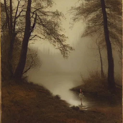 Image similar to girl dancing in front of a river, alone in the wilderness, foggy, misty morning, early spring, boreal forest, 19th century,