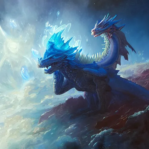 Prompt: prompt blue crystalline dragon, devouring a planet, space, planets, moons, sun system, nebula, oil painting, by Fernanda Suarez and and Edgar Maxence and greg rutkowski