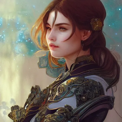 Prompt: portrait knights of Zodiac girl, sci-fi, fantasy, intricate, very very beautiful, elegant, highly detailed, digital painting, artstation, concept art, smooth, sharp focus, illustration, art by artgerm and greg rutkowski and alphonse mucha