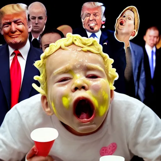 Image similar to donald trump is a crying baby in a highchair with pudding all over his face