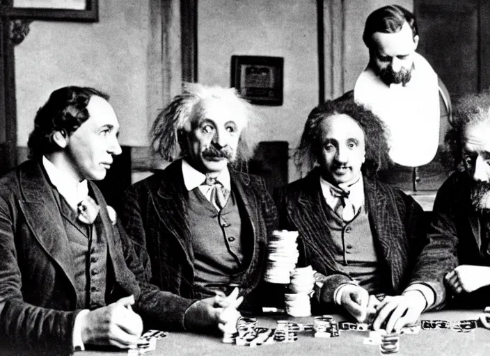 Prompt: photograph of albert einstein and isaac newton and stephen hawkins playing poker in an old west saloon