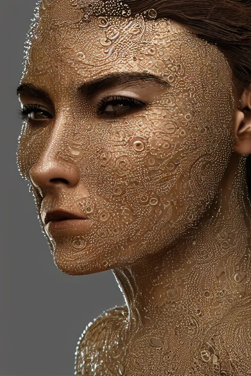 Image similar to full shot of a regal brown woman wearing an intricate and detailed armor made of dew drops. multiple layers. reflections. morning dew. textures. delicate. translucent. studio portrait. photorealistic. octane render