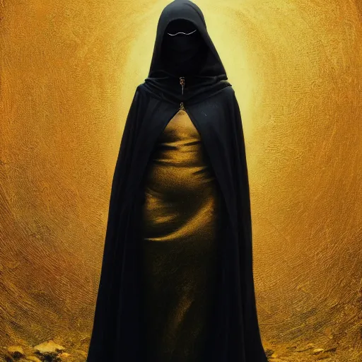 Image similar to a portrait of a young woman wearing a long dark cloak, hood and shadows covering face, holding golden chains, oil painting, matte painting, black background, Volumetric Golden dappled dynamic lighting, Highly Detailed, Cinematic Lighting, Unreal Engine, 8k, HD, by Beksinski