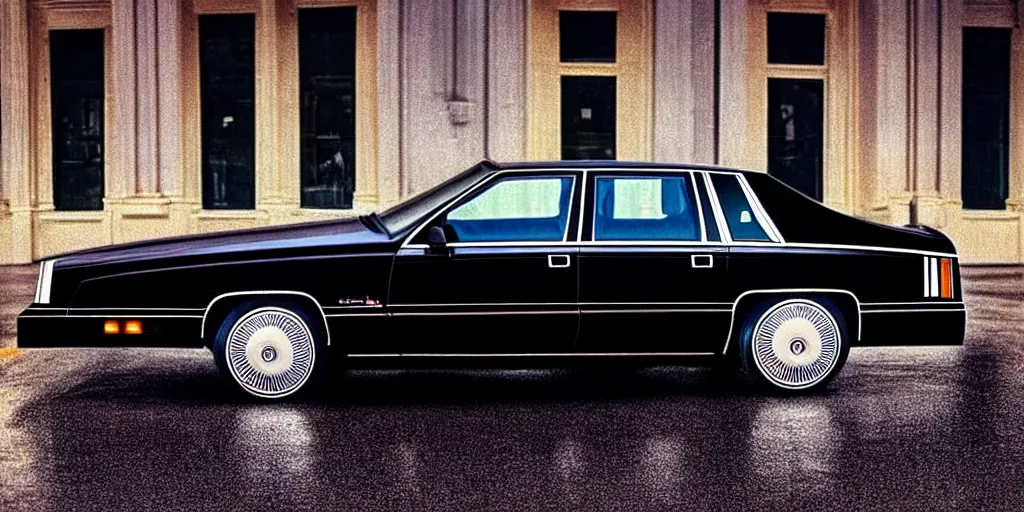 Image similar to hyper realistic, high detail real life photo of black 1 9 9 2 cadillac de ville, city streets wet, beautiful, dreary lighting