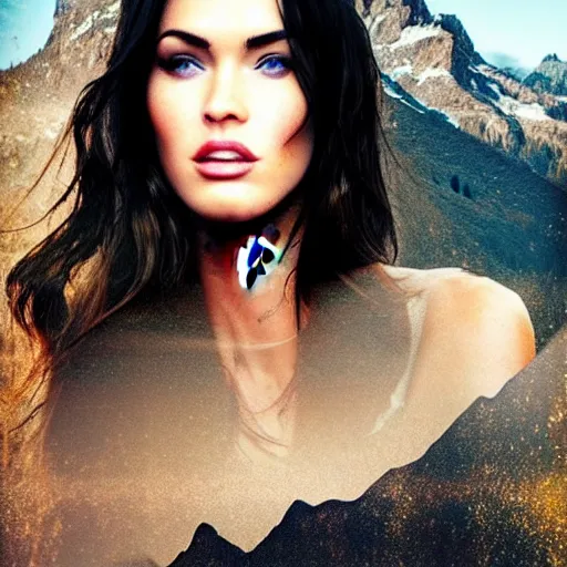 Image similar to double - exposure effect of megan fox face and beautiful mountains, mash up, blending, in the style of dan mountford