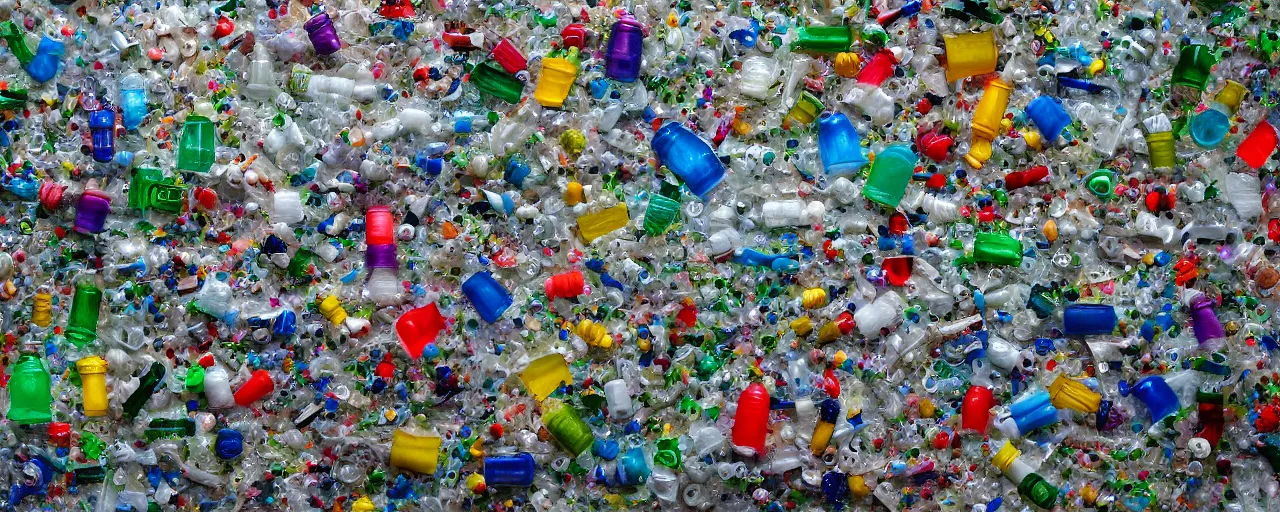 Prompt: a piece of plastiglomerate made from plastic bottles and face masks, photographic,