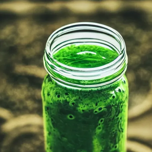 Image similar to close - up shot of a mason jar filled with cloudy green slime, macro lens, depth of field, bokeh