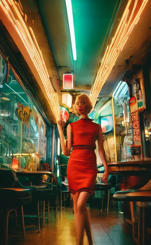 Image similar to vertical movie frame portrait of girl in 5 0's retro restaurant interior, neon - decorated urban on night in the city seen through the window, modern interior design, architectural design, vintage, night blade runner, dark, postapocalyptic, clean lines, 4 k, octane, asian futuristic city at distance, big windows, octane, wide angle