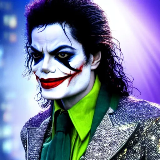 Image similar to stunning awe inspiring michael jackson as the joker, movie still 8 k hdr atmospheric lighting