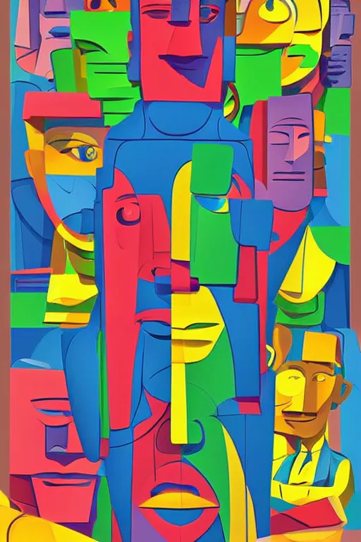 Image similar to cubist moai statue cutout digital illustration cartoon colorful beeple