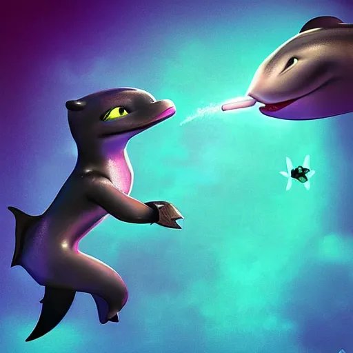 Image similar to “ dolphin in the style of how to train your dragon holding laser gun, floating alone, with a black background, digital art, award winning, trending on art station, retro style ”