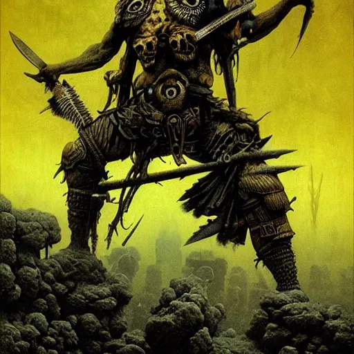 Image similar to barbarian loaded with weapons and animal skulls by beksinski and tristan eaton, black and yellow, dark neon trimmed beautiful dystopian digital art