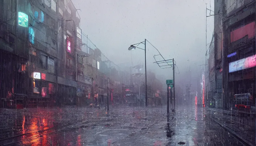 Prompt: A digital painting of a close-up view of a raining cyberpunk street, some street lights and padestrians, by Ismail Inceoglu and Caspar David Friedrich, stunning, photorealistic, highly-detailed, 4k, ue5, light effect, rtx on, realistic, cinematic, IMAX quality, trending on artstation