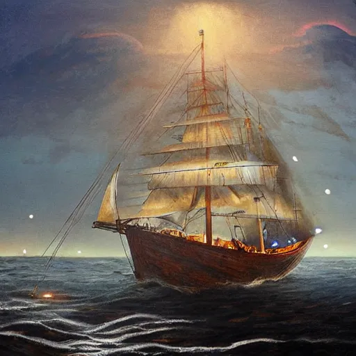 Image similar to an ancient sailing ship off the shore of a beautiful coastline with an omenous biopunk tower with glowing lights rising in the distance, painting by John Berkley