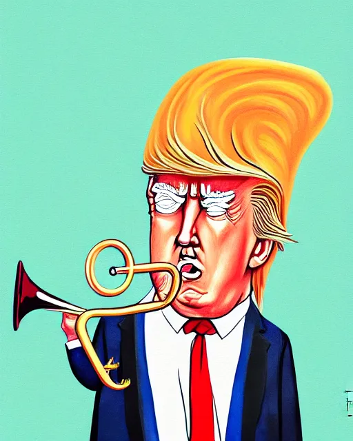 Image similar to painting portrait of trump with trumpet hair, cartoon, warm lighting, trump has hair as a trumpet, trumps hair is coming out as trumpet. movie poster, illustration by bartek fedyczak, erak note, tooth wu, neil richards, kan liu, siwoo kim, jisu choe, trending on art station