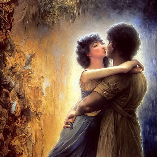 Prompt: tight hug between a couple, while they are watching TV, black and white color scheme, HD, in focus, Regal, Realistic, Refined, Detailed Digital Art, Josephine wall, Oil Painting, William-Adolphe Bouguereau, Art Frahm, Esao Andrews, Steampunk, Walt Disney (1937), Highly Detailed, Cinematic Lighting, Unreal Engine, 8k, HD